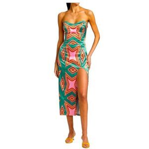 NWT Claude Kameni Teal and Pink Strapless Side Slit Dress Size Large